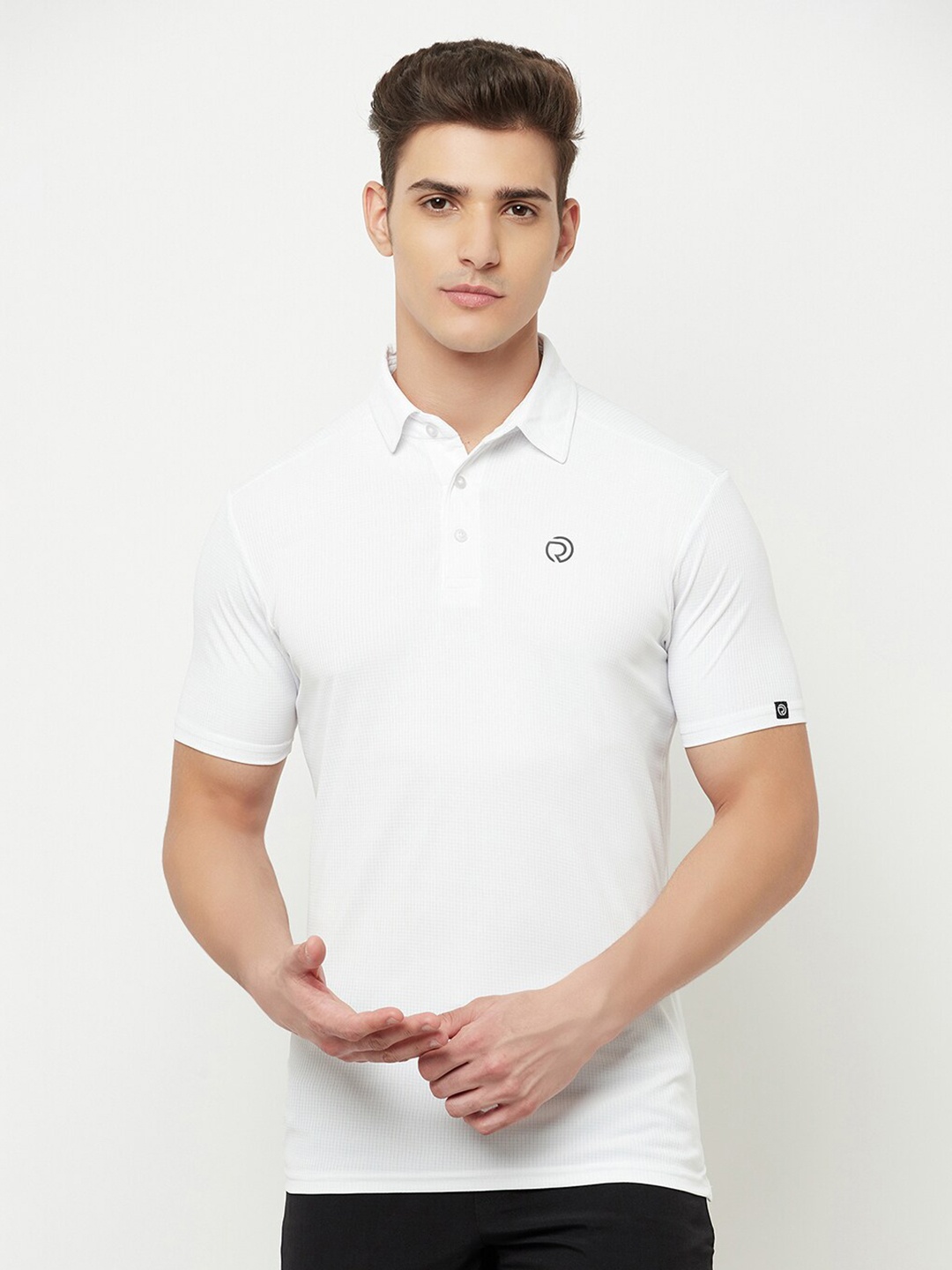 

Truerevo Men White Polo Collar Applique Running T-shirt