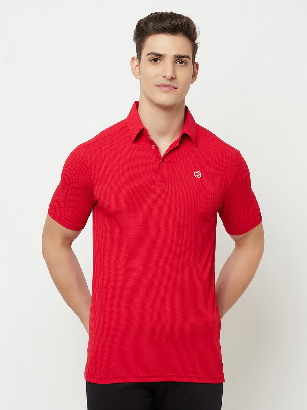 

Truerevo Men Red Polo Collar Applique Running T-shirt