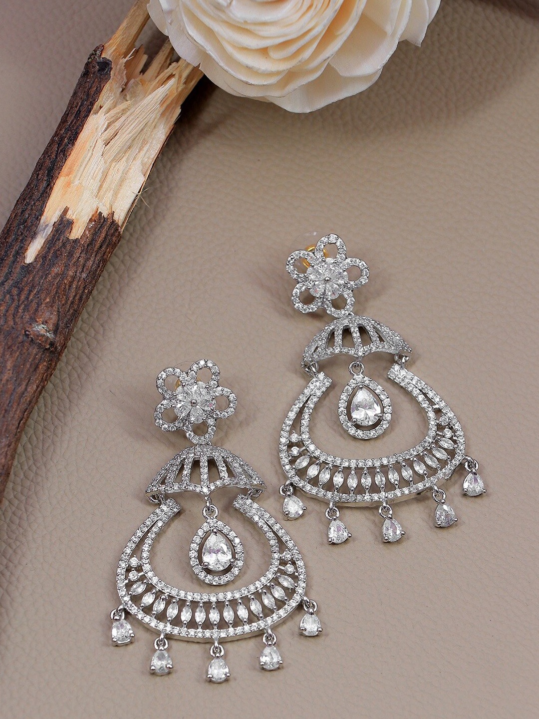 

SwaDev Silver-Toned Contemporary Chandbalis Earrings