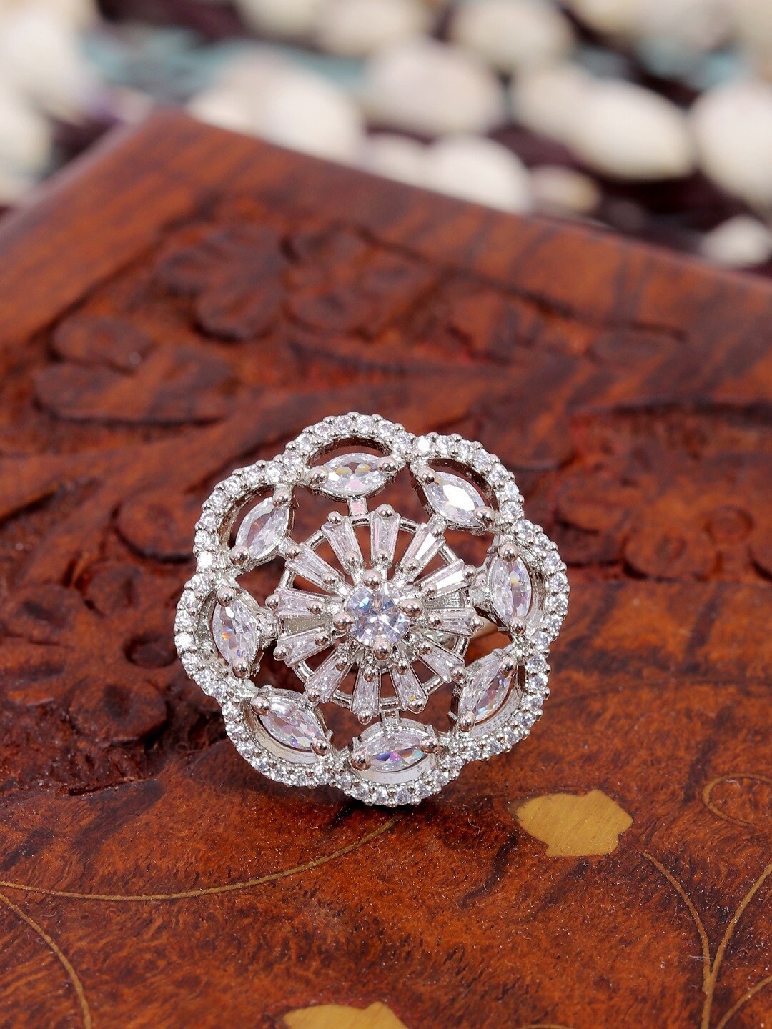 

SwaDev Silver-Plated White AD Studded Adjustable Finger Ring