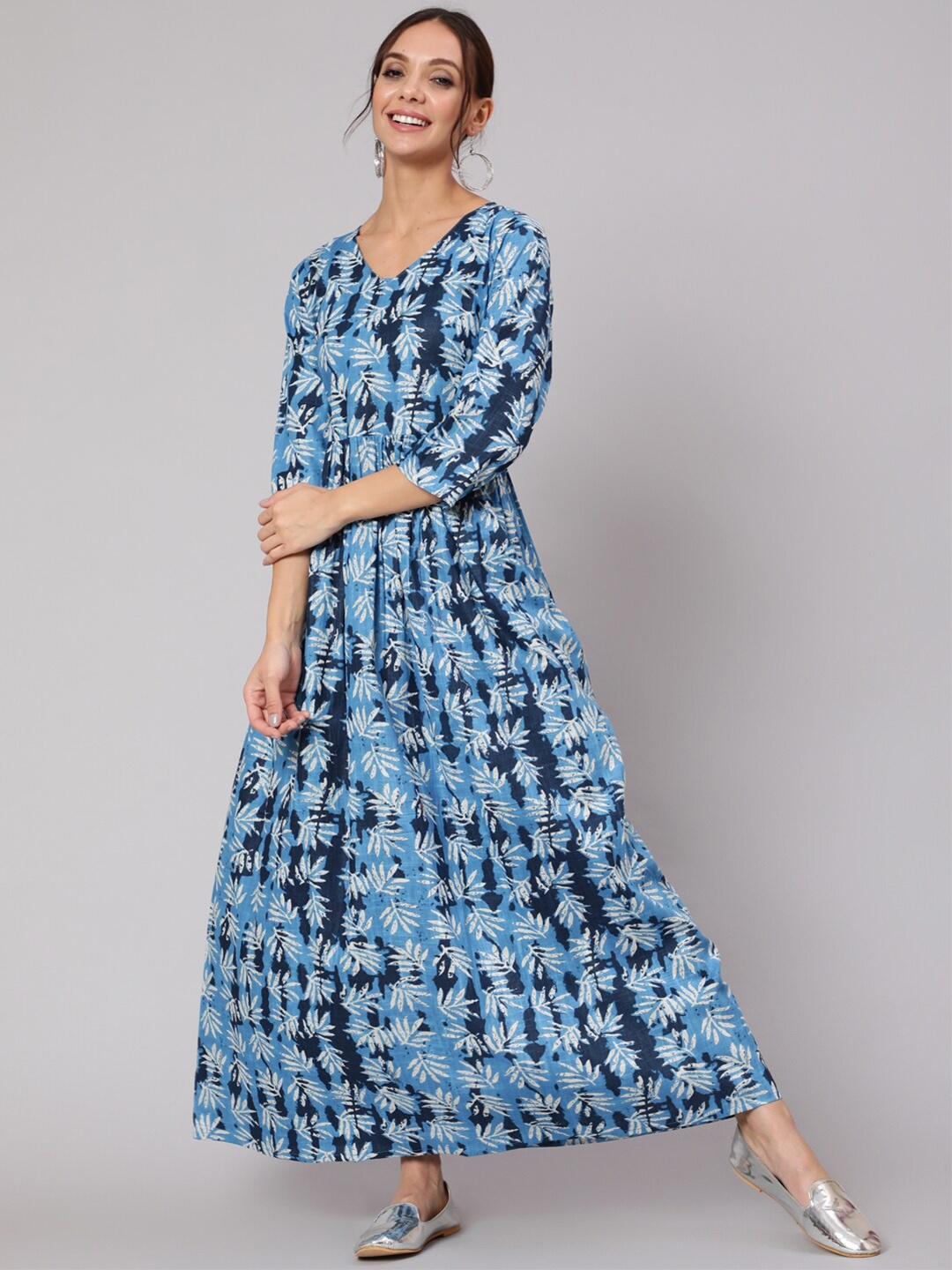 

Nayo Blue & silver Floral Ethnic A-Line Dress