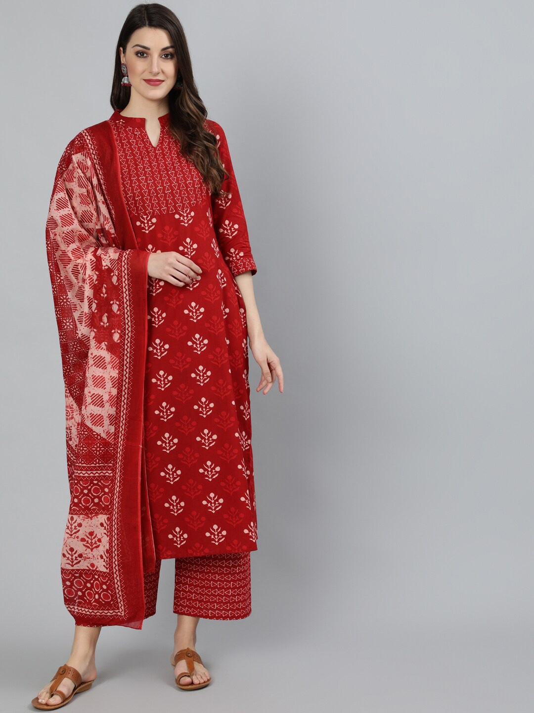 

Nayo Women Red Printed Straight Kurta With Palazzo & Dupatta