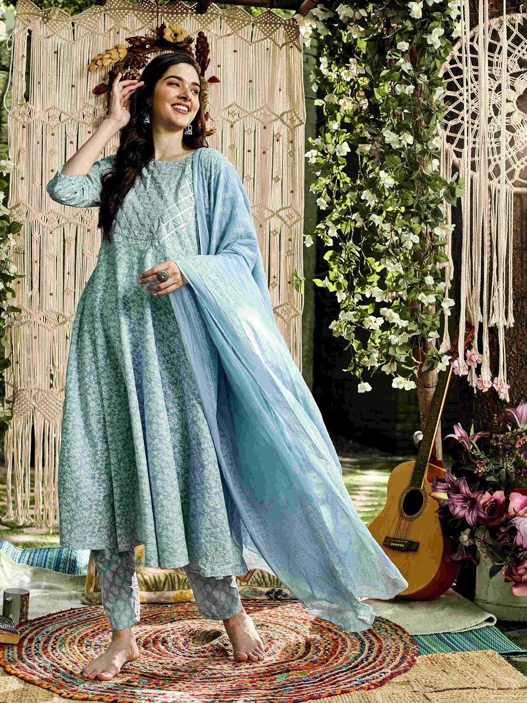 

Nayo Women Blue Ethnic Motifs Printed Gotta Patti Pure Cotton Kurta with Palazzos & With Dupatta