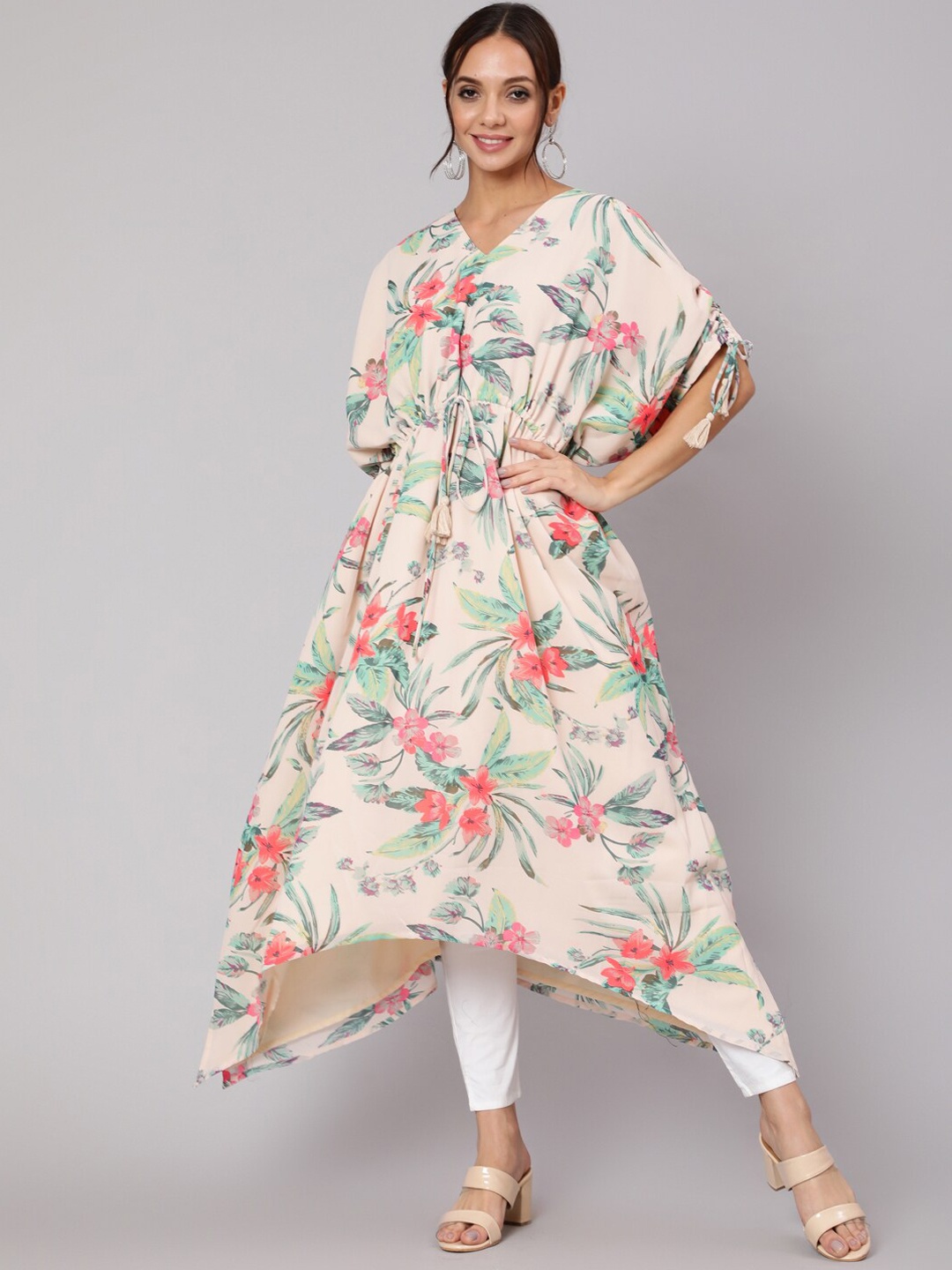 

Nayo Women Cream-Coloured Floral Printed Flared Sleeves Thread Work Georgette Kurta