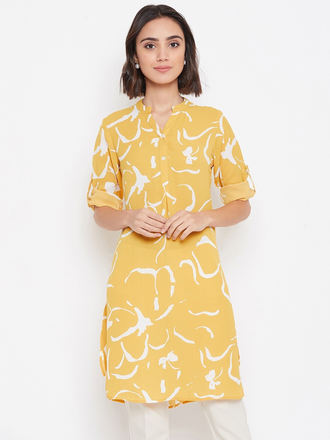 

Ruhaans Yellow & White Mandarin Collar Printed Tunic