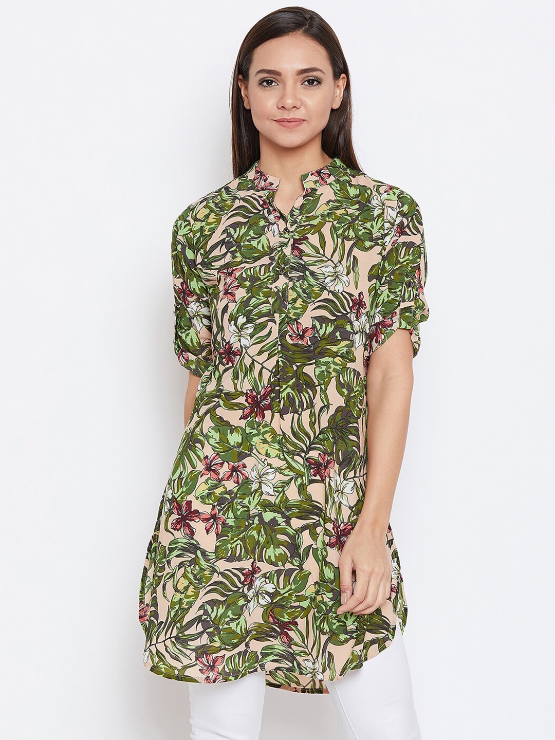 

Ruhaans Women Peach-Coloured & Green Mandarin Collar Printed Tunic