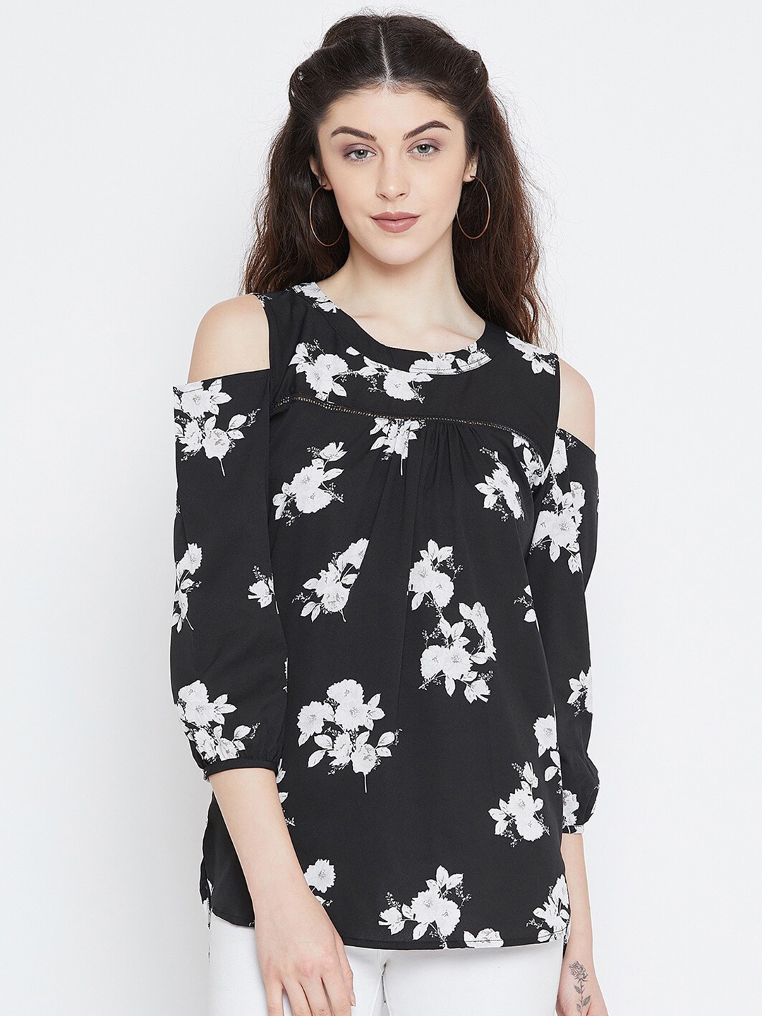 

Ruhaans Black Floral Print Crepe Top