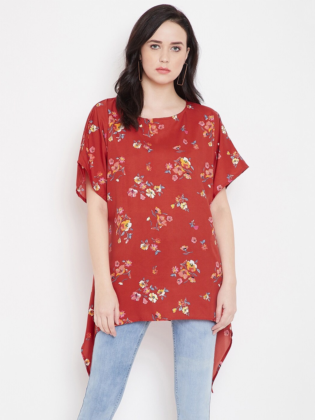 

Ruhaans Red Floral Print Crepe High-Low Top