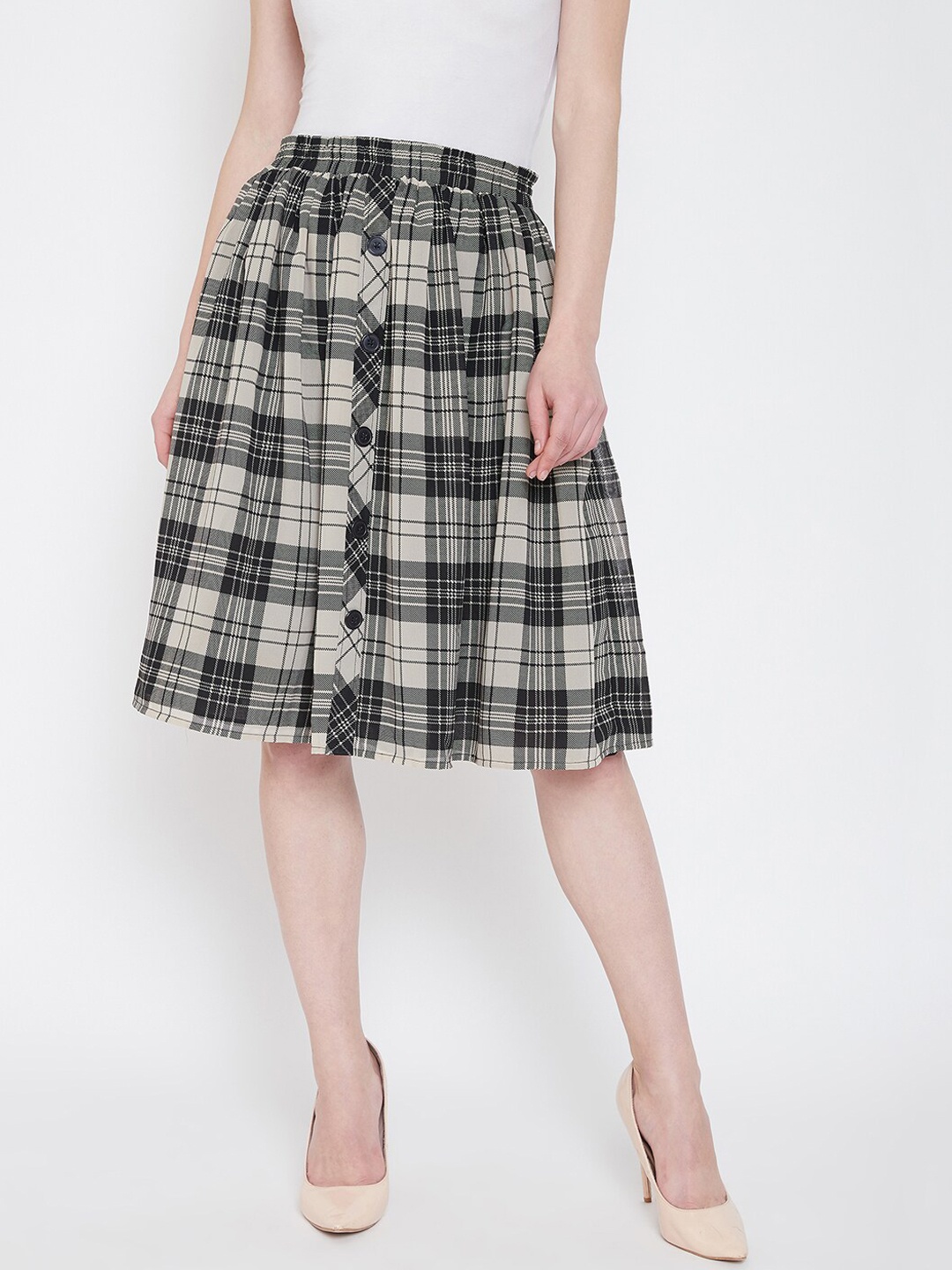 

Ruhaans Women Beige & Black Checked A-Line Knee-Length Skirt