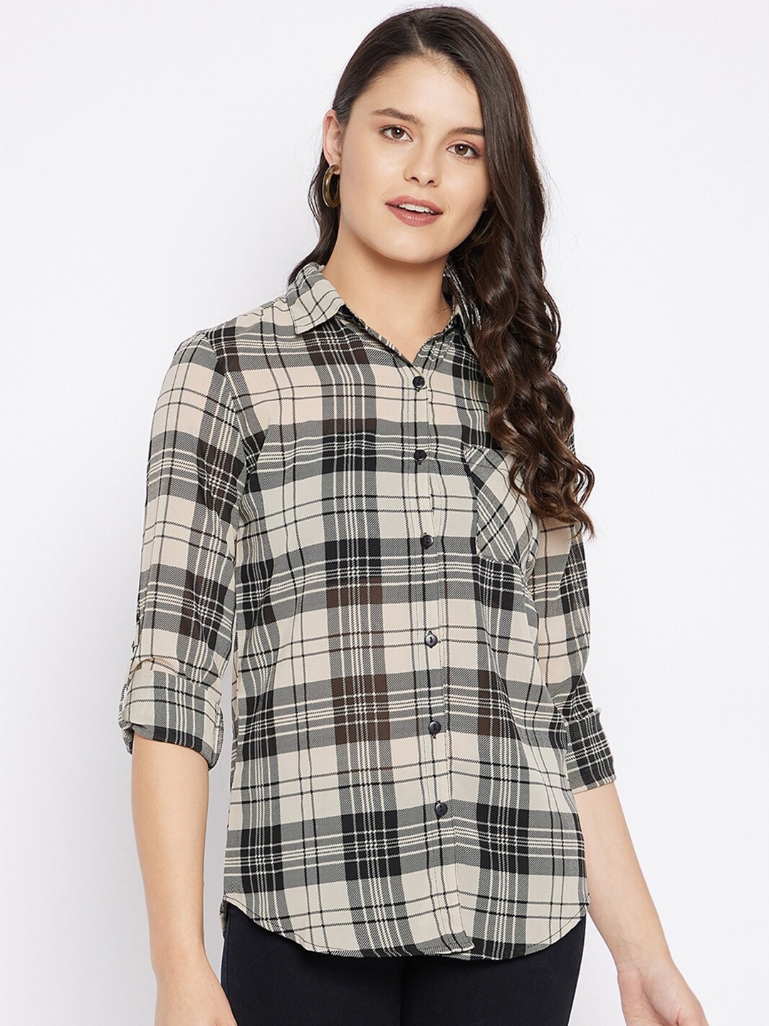 

Ruhaans Women Beige Classic Tartan Checks Checked Casual Shirt