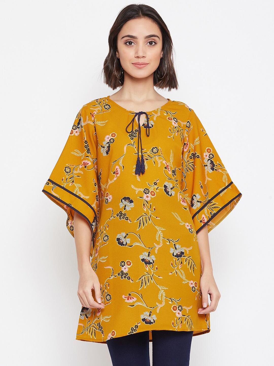 

Ruhaans Mustard Yellow & Navy Blue Floral Printed Tunic