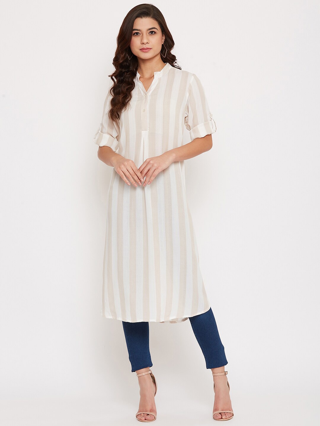 

Ruhaans Women White & Beige Striped Kurta