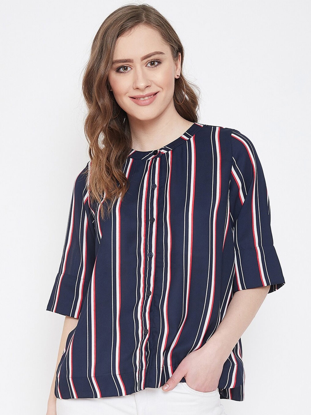 

Ruhaans Women Navy Blue Classic Striped Casual Shirt