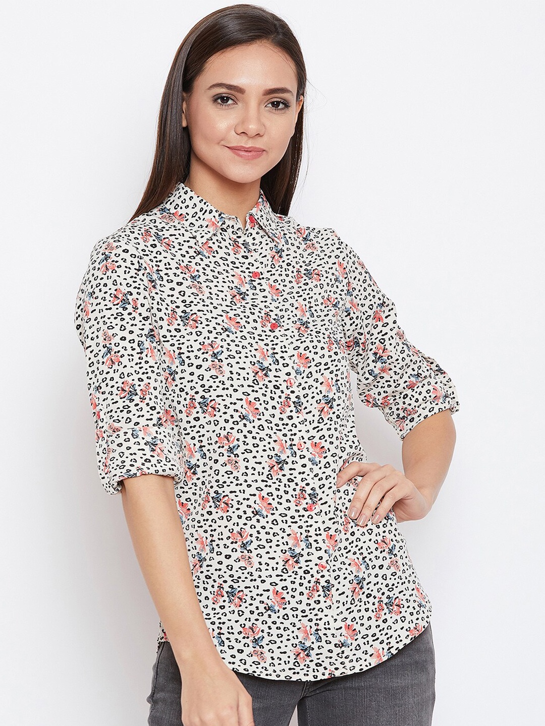 

Ruhaans Women Cream-Coloured Classic Floral Printed Casual Shirt