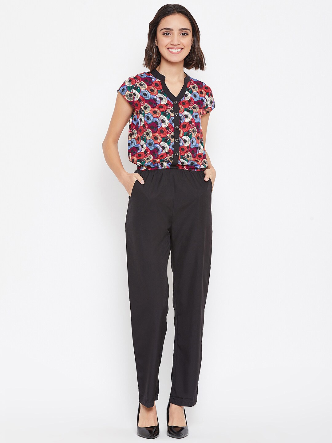 

Ruhaans Black & Pink Printed Basic Jumpsuit