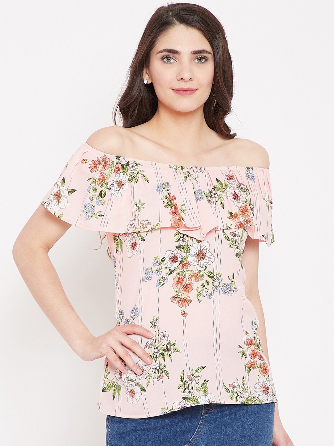 

Ruhaans Peach-Coloured & rosewater Floral Print Off-Shoulder Crepe Bardot Top