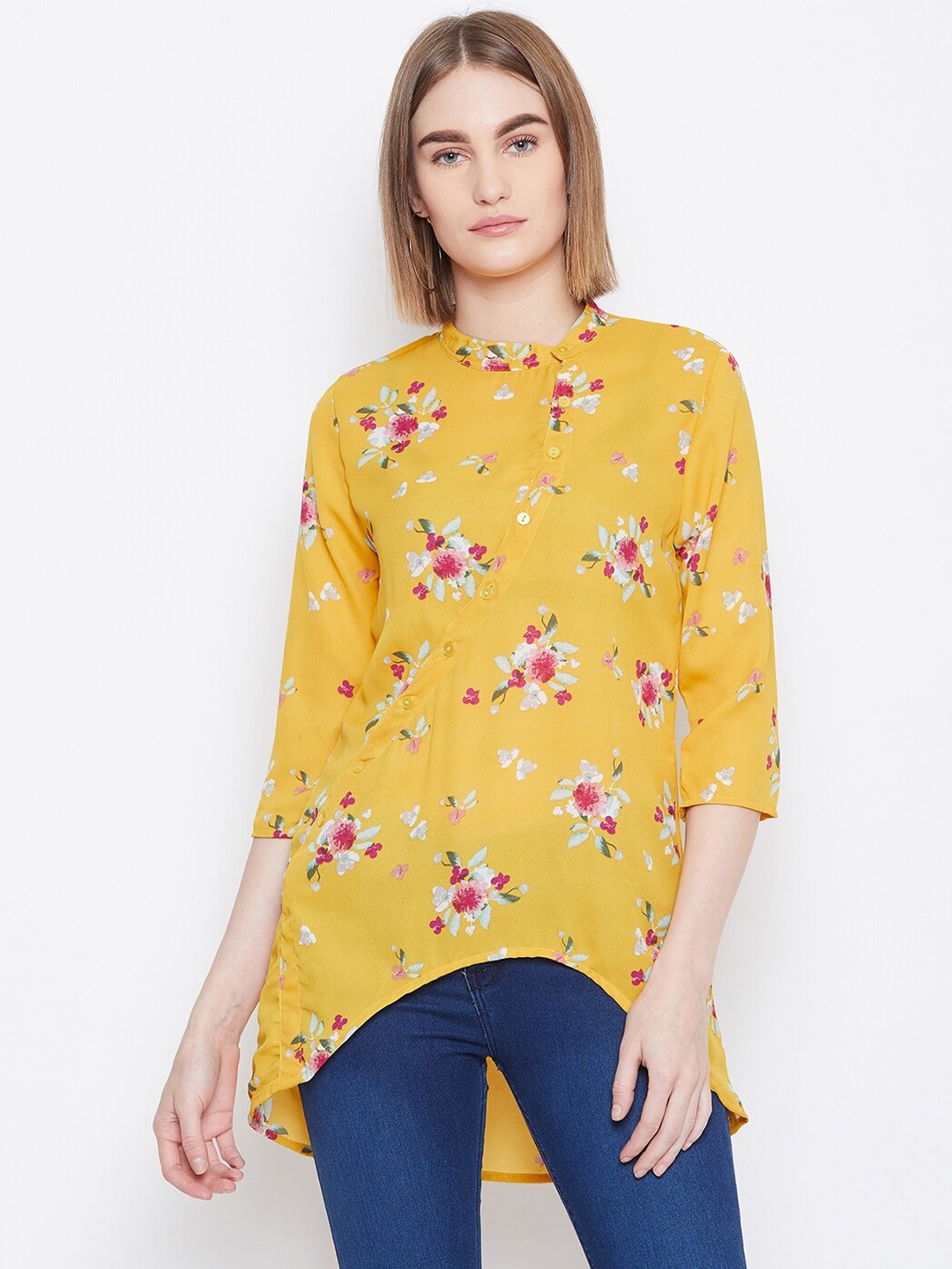 

Ruhaans Women Yellow & Pink Mandarin Collar Printed Tunic