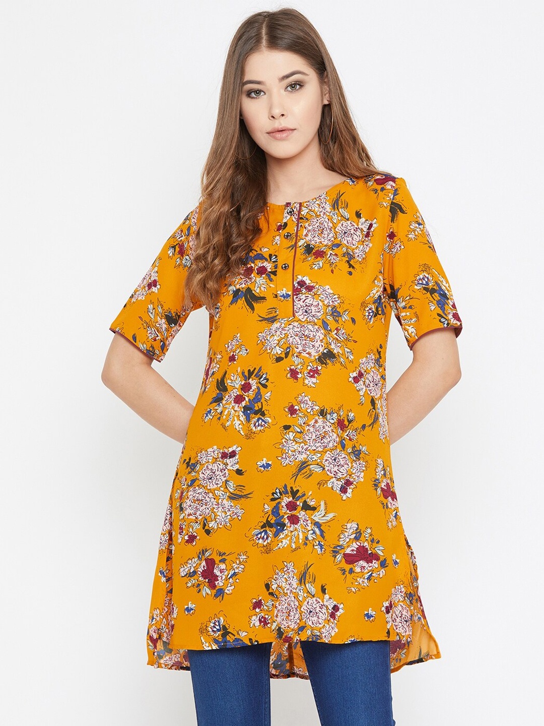 

Ruhaans Women Mustard Yellow Floral Print Tunics