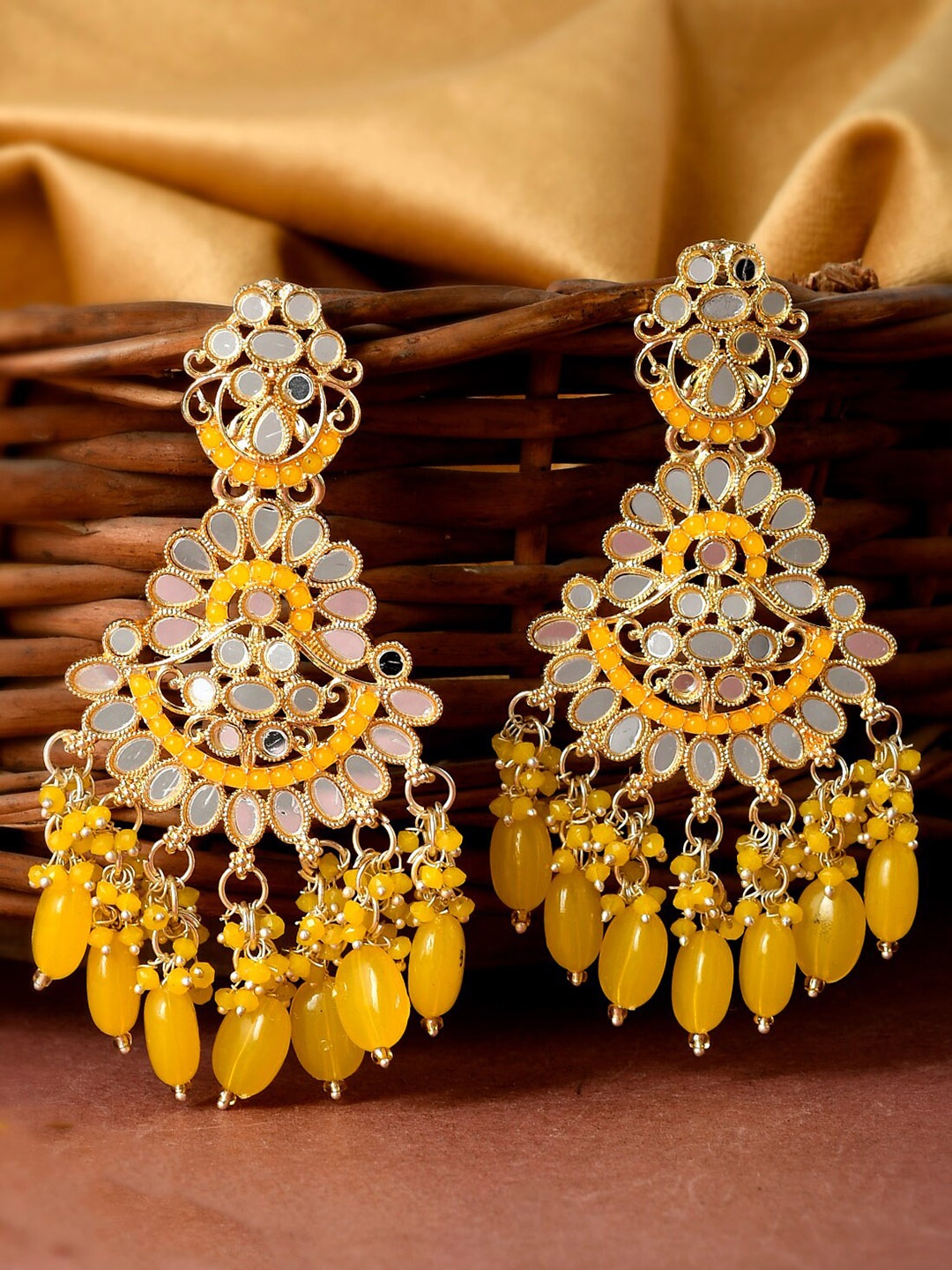 

Shoshaa Gold-Plated Yellow Handcrafted Mirror Work Drop Earrings