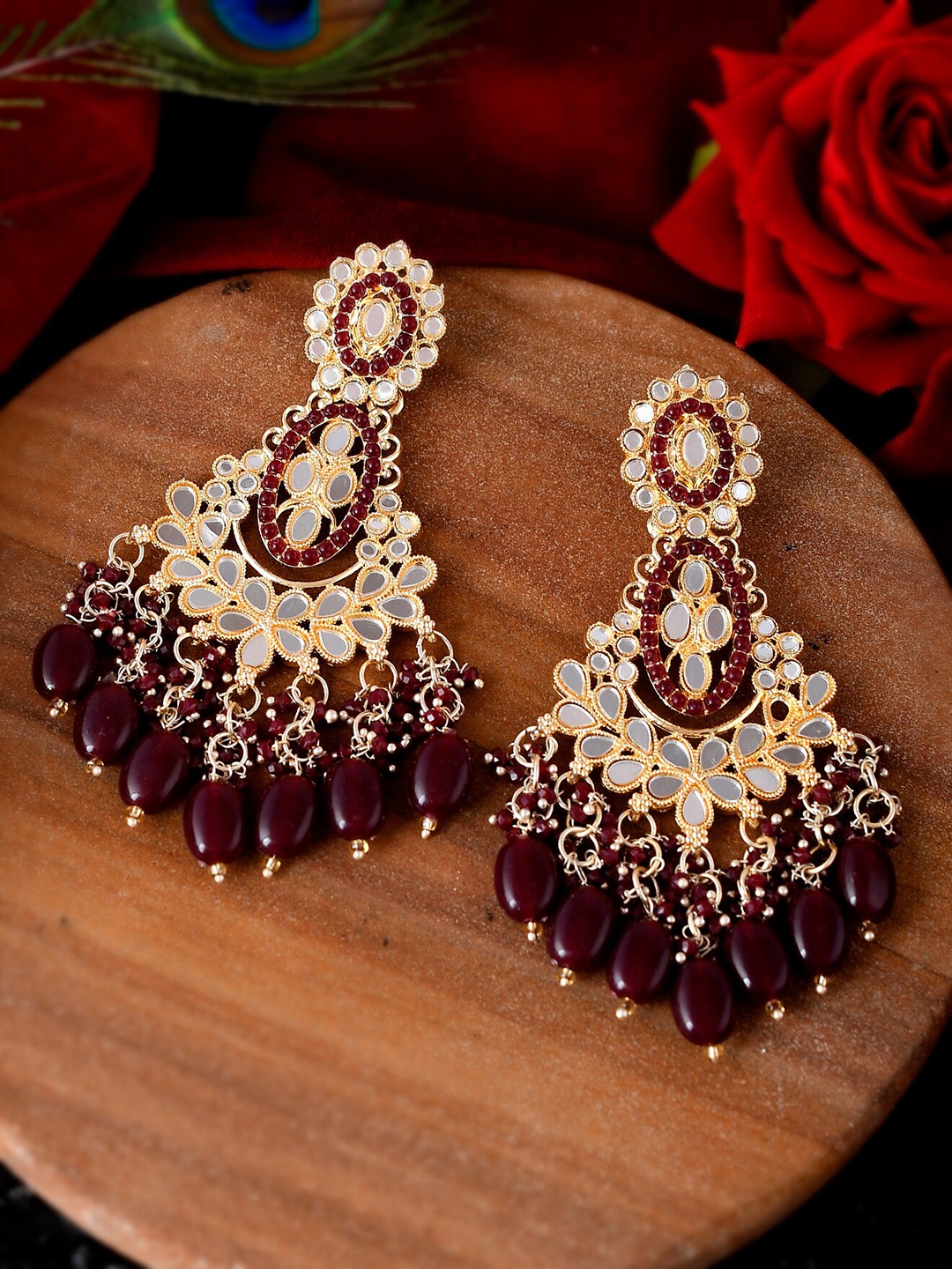 

Shoshaa Gold-Plated Coffee Brown Handcrafted Mirror Work Drop Earrings