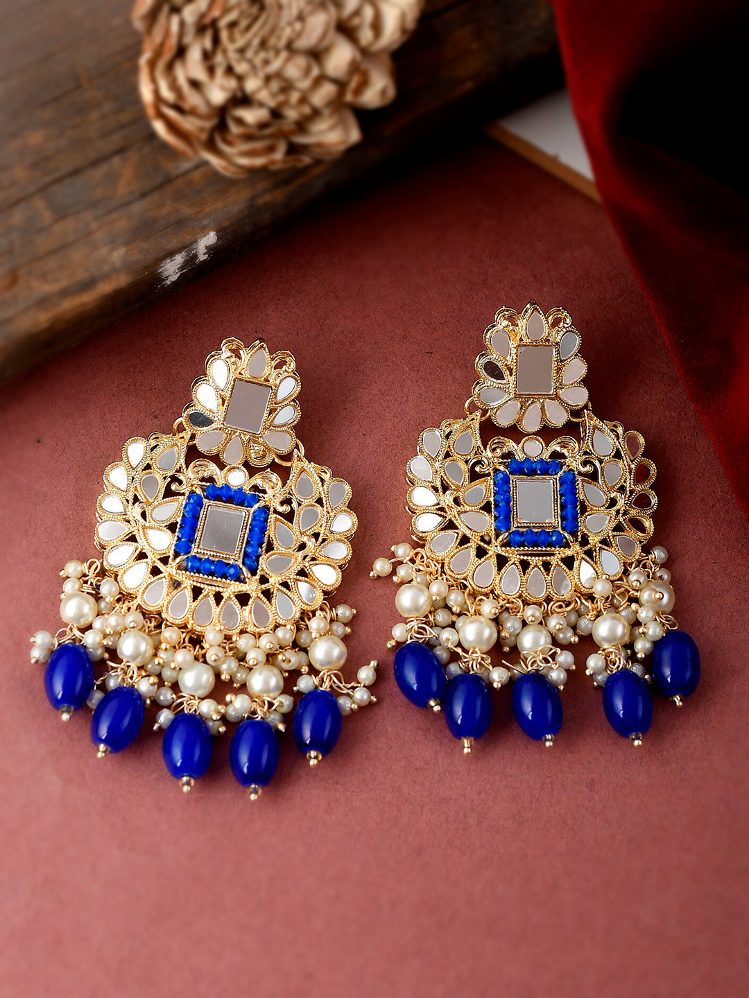 

Shoshaa Gold-Plated Blue Handcrafted Mirror Work Drop Earrings