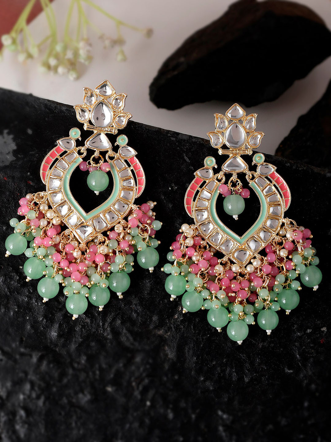 

Shoshaa Gold-Plated Green & Pink Enamel Kundan-Studded Drop Earrings