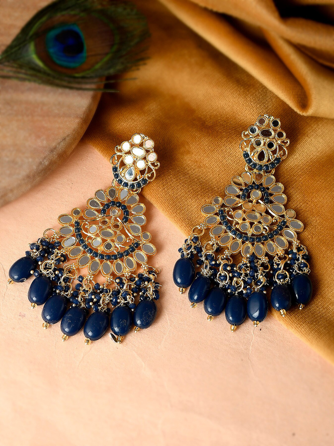 

Shoshaa Gold-Plated Blue Handcrafted Mirror Work Drop Earrings
