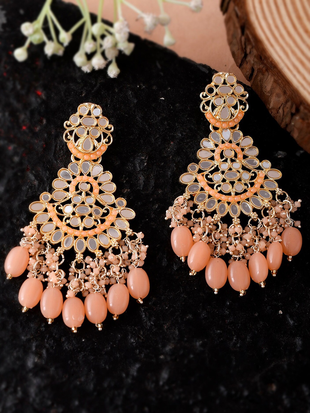 

Shoshaa Gold-Plated Peach-Coloured Handcrafted Mirror Work Drop Earrings