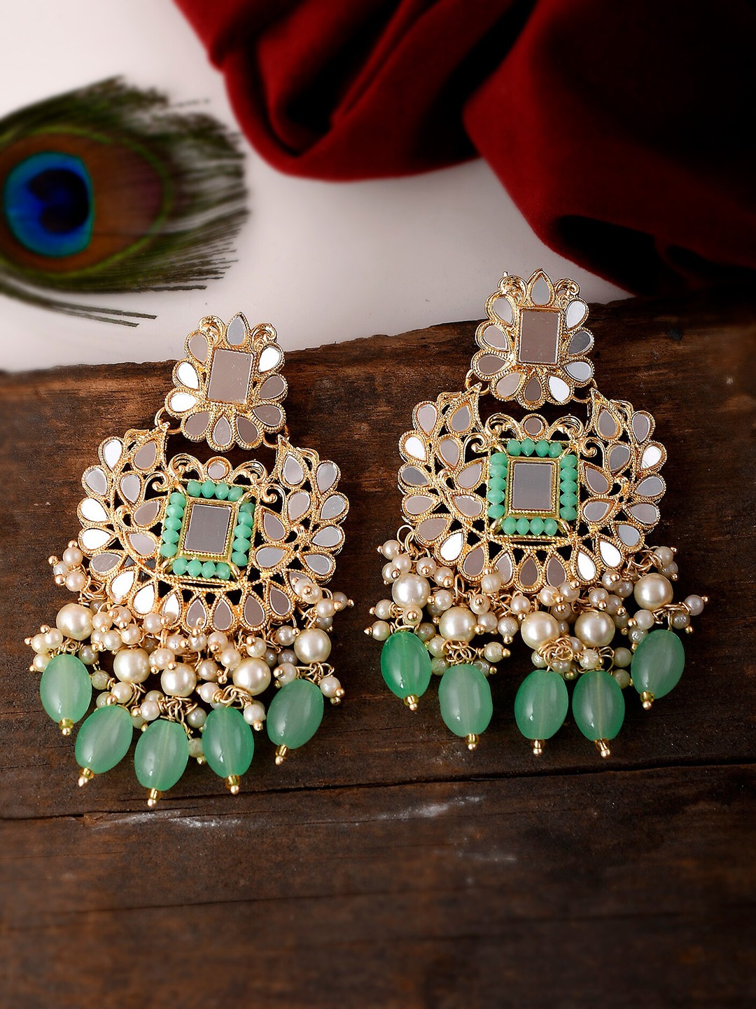

Shoshaa Gold-Plated Green Handcrafted Mirror Work Drop Earrings