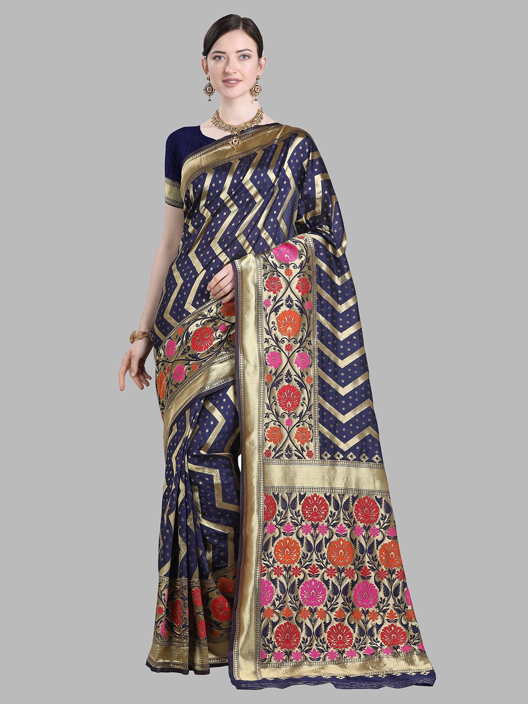 

Fashionuma Blue & Gold-Toned Floral Jacquard Woven Design Saree