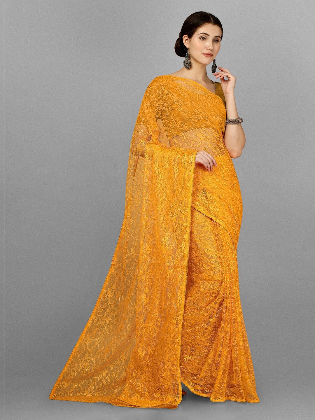 

Fashionuma Yellow Woven Design Embroidered Net Saree
