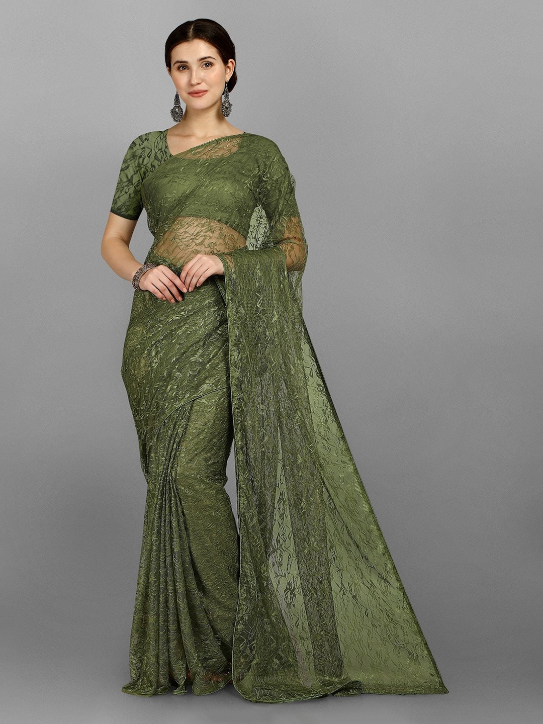 

Fashionuma Olive Green Woven Design Net Saree