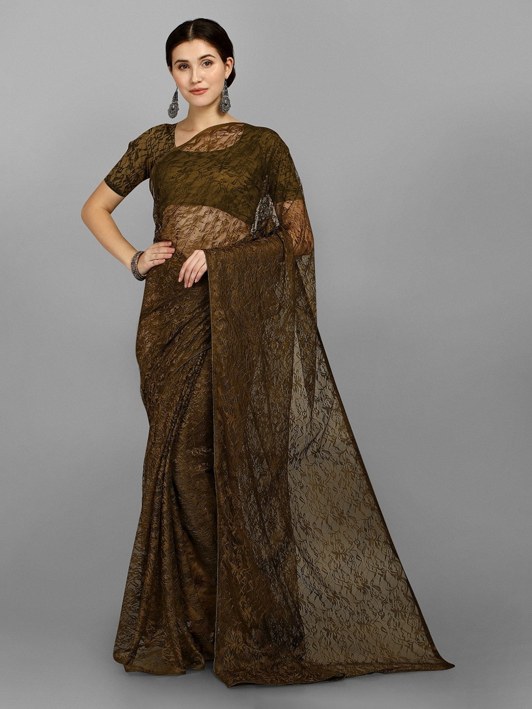 

Fashionuma Olive Green Floral Net Saree