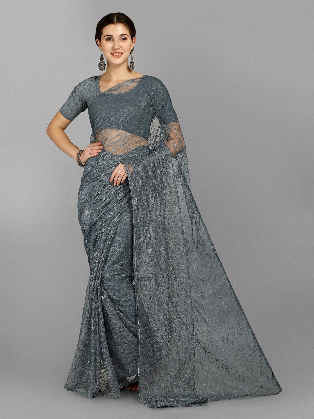 

Fashionuma Grey Floral Embroidered Net Saree