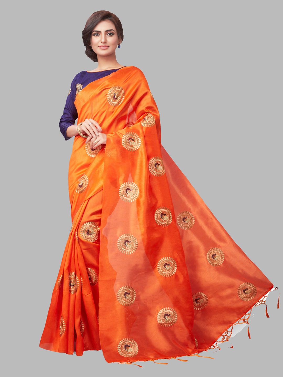 

Fashionuma Orange & Gold-Toned Ethnic Motifs Embroidered Saree