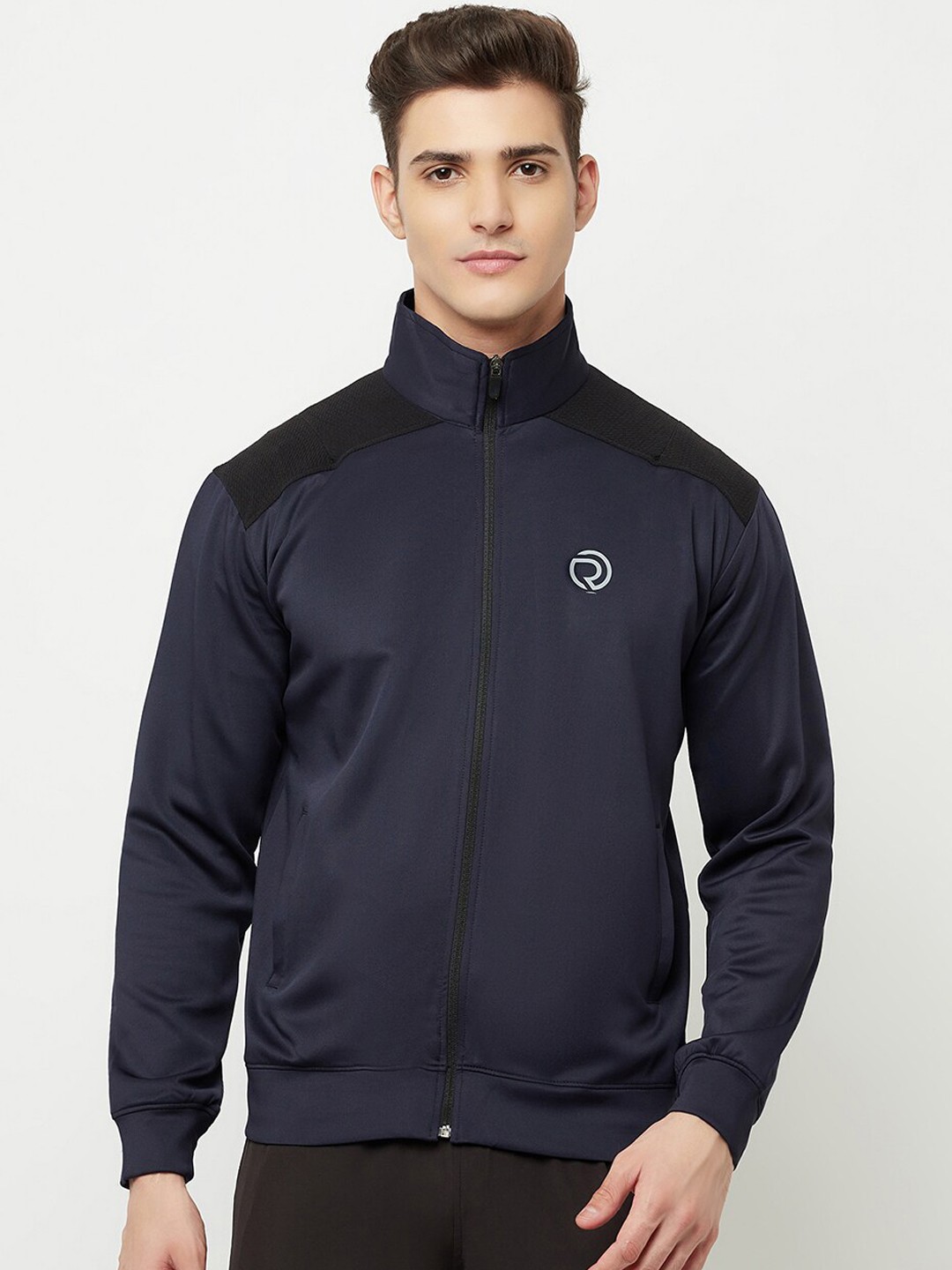 

Truerevo Men Navy Blue peacoat Colourblocked Reflective Strip Running Sporty Jacket