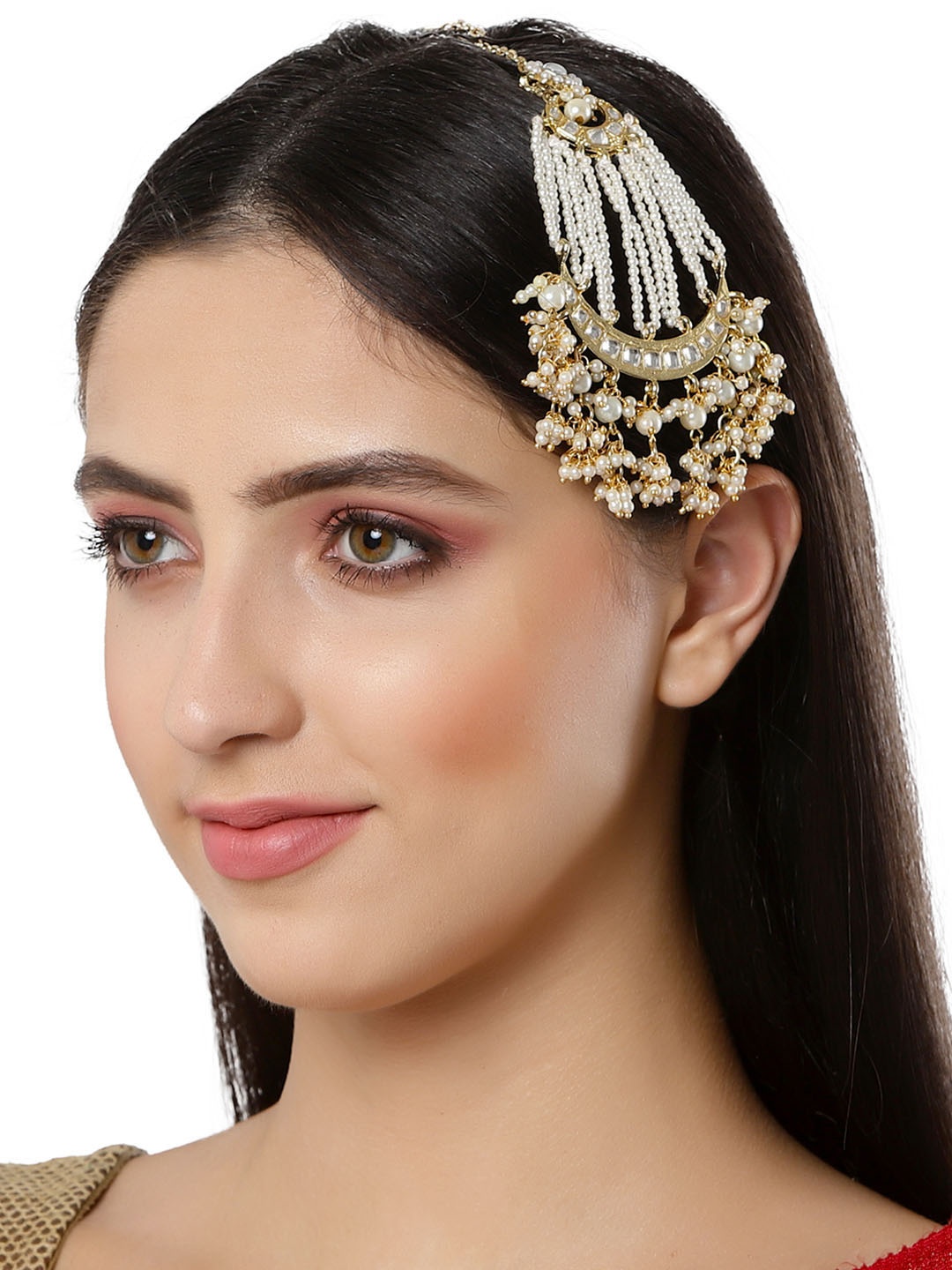 

KARATCART Gold-Plated & White Kundan Studded & Beaded Jhumar Passa