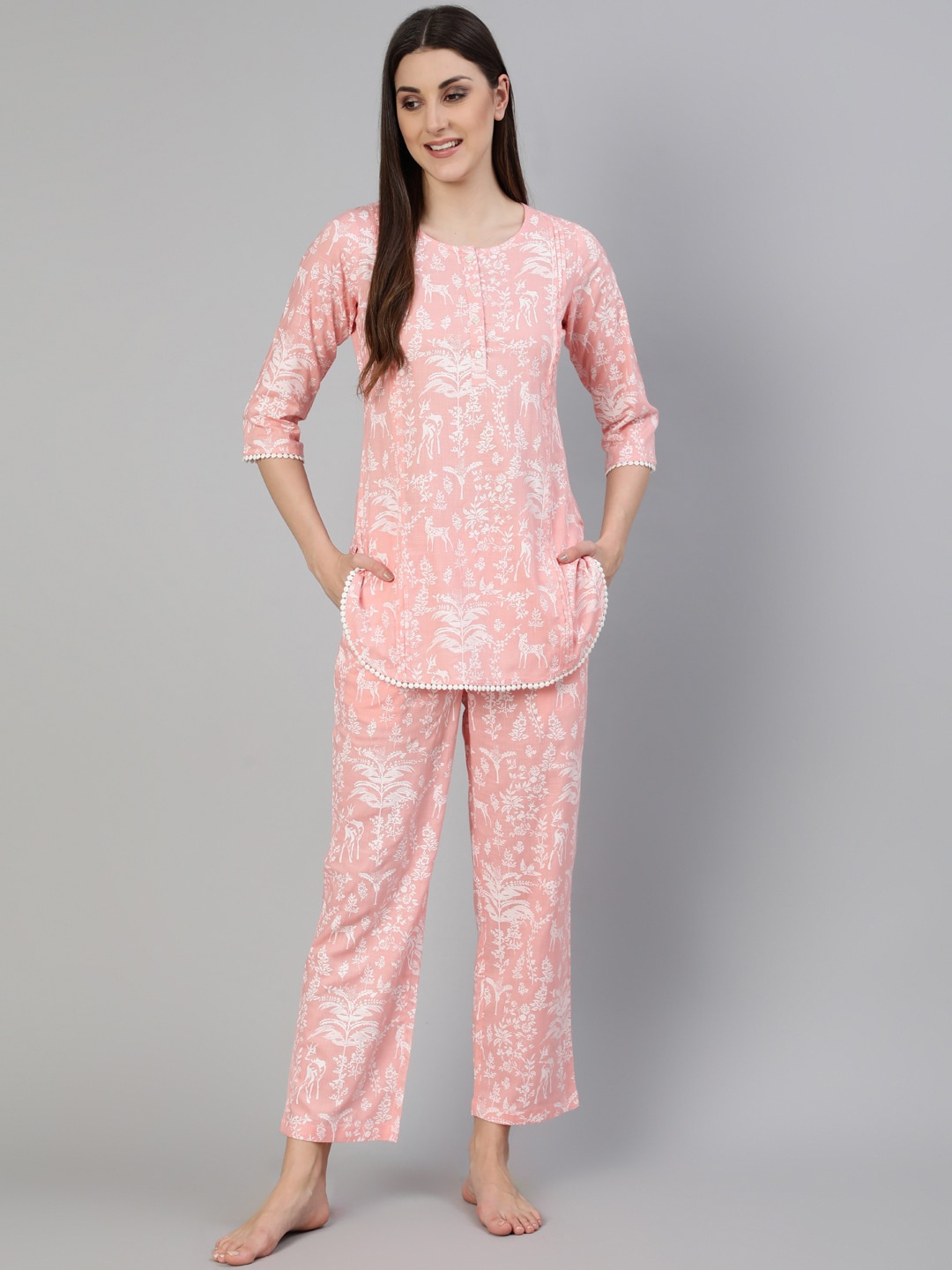 

Jaipur Kurti Women Pink & White Printed Night suit