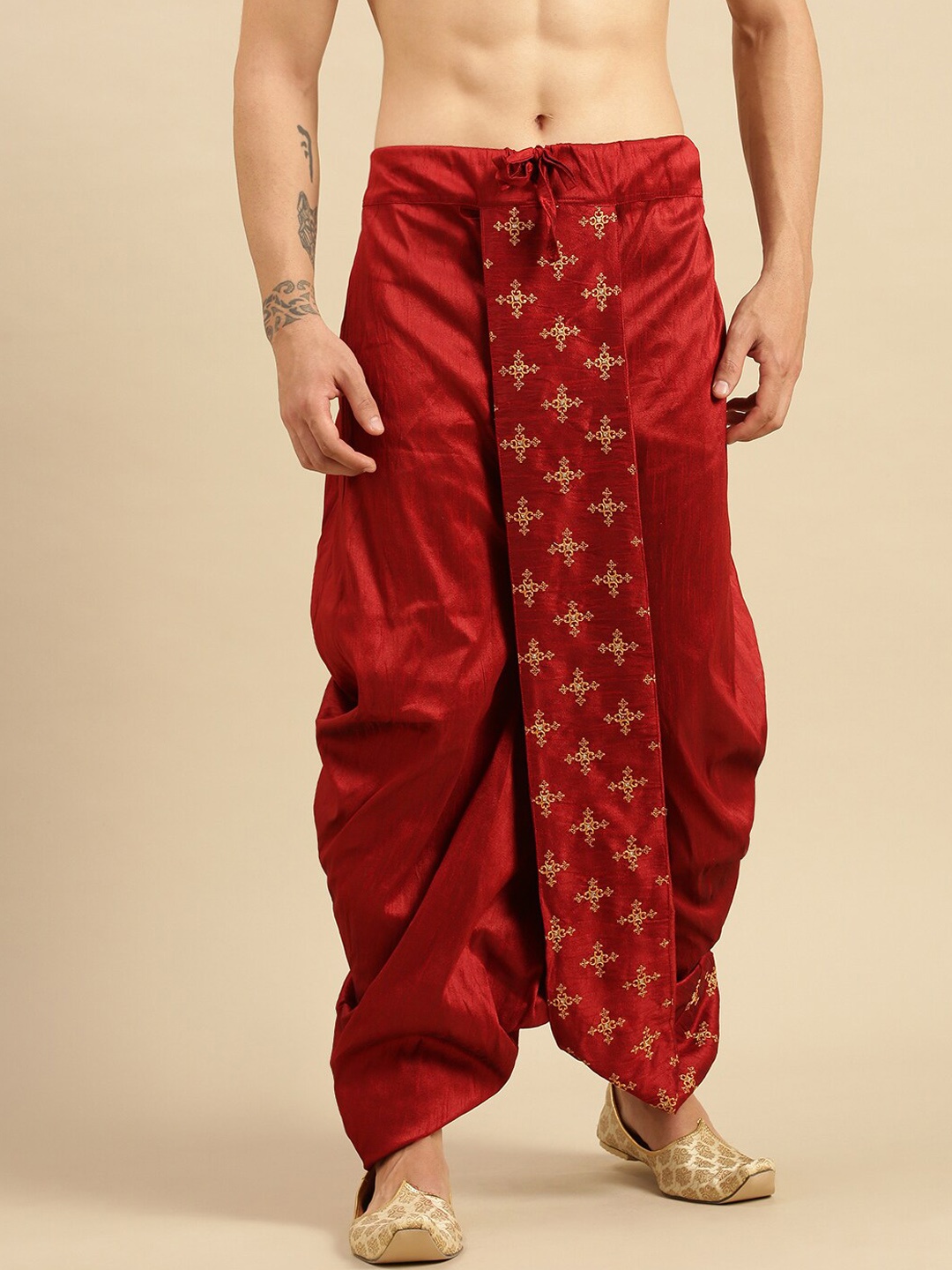 

Sanwara Men Red Embroidered Art Silk Dhotis