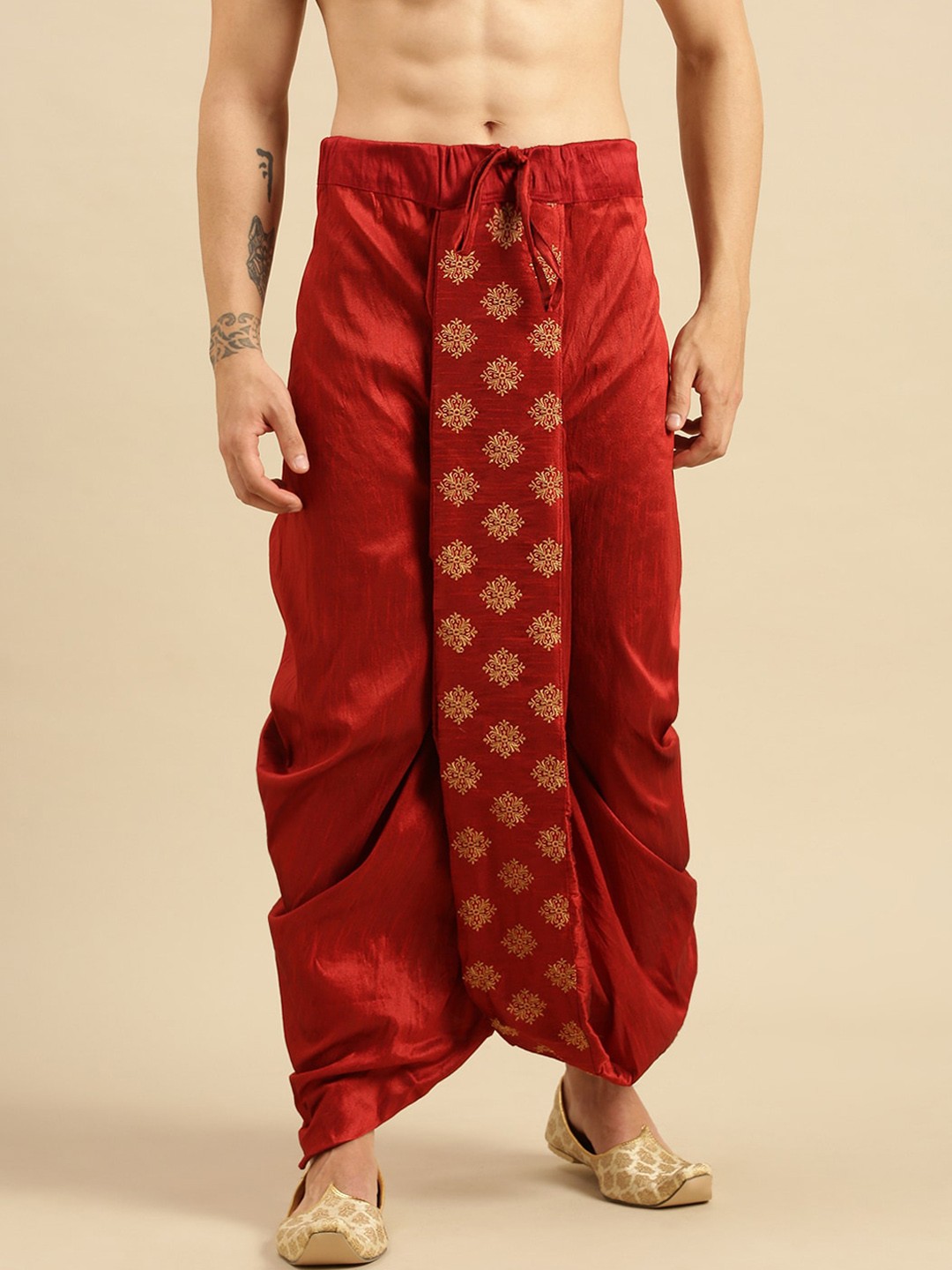 

Sanwara Men Red Embroidered Art Silk Dhoti
