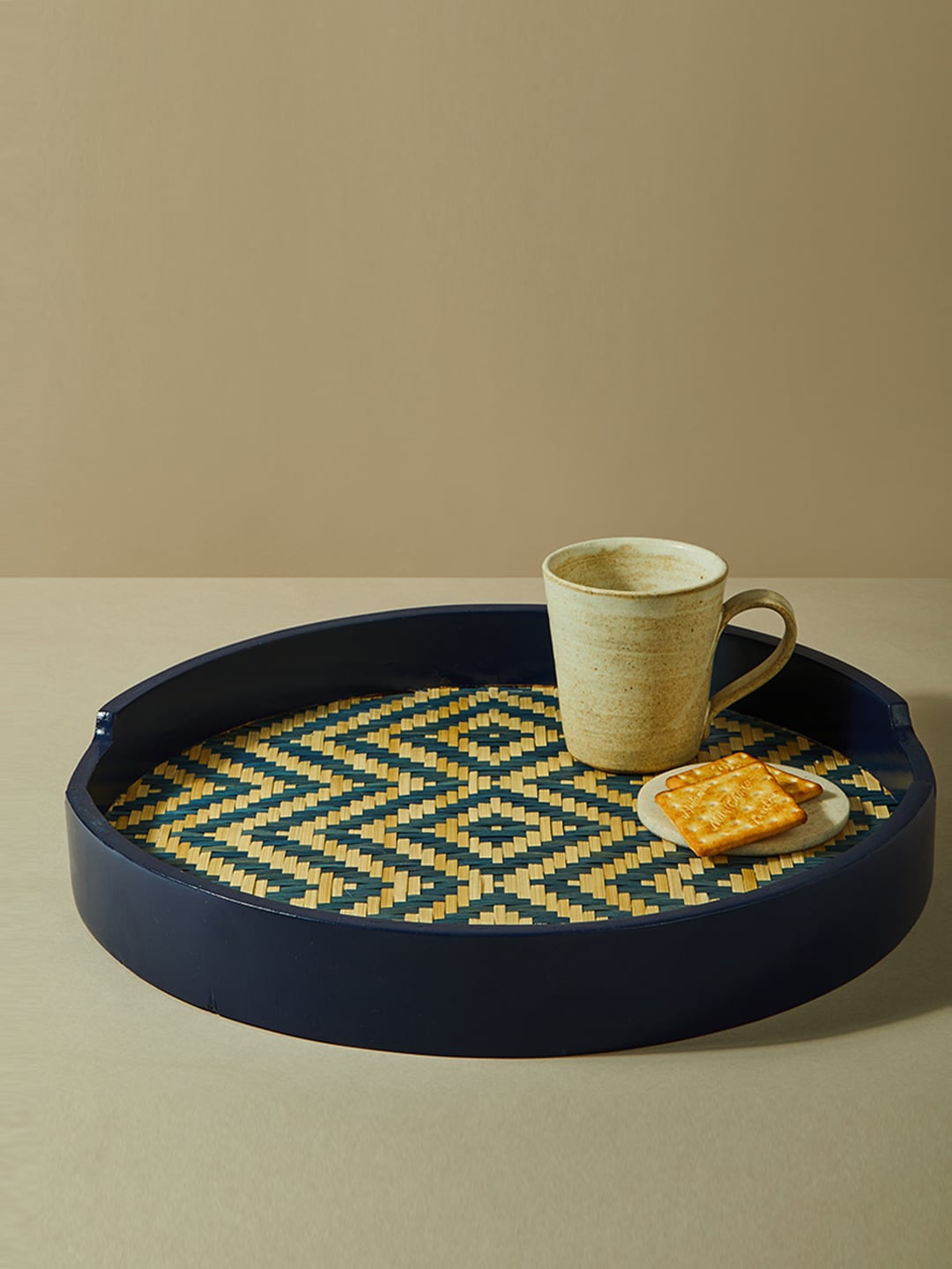 

Fabindia Navy Blue & Beige Patterned Wooden Round Tray