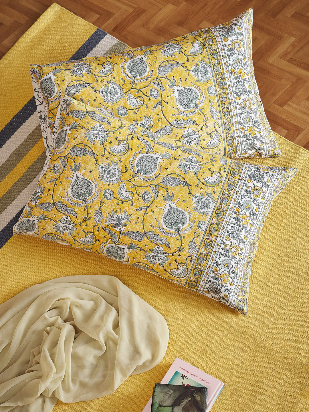 

Fabindia Set Of 2 Yellow & White Printed Cotton Pillow Covers