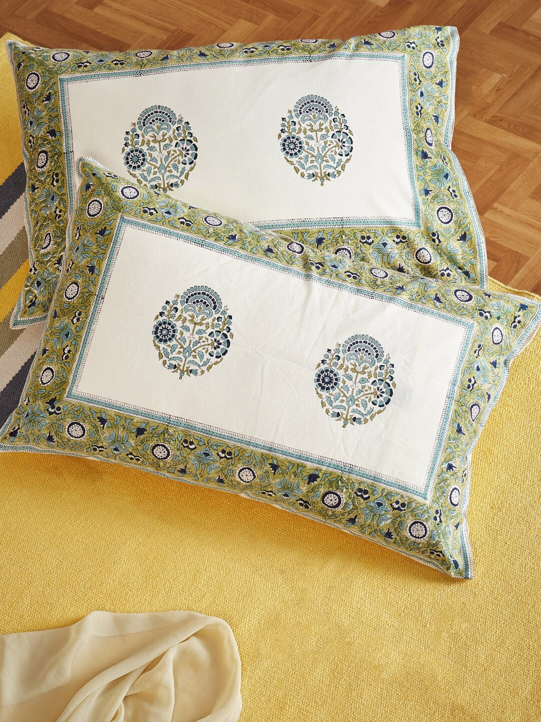 

Fabindia Set Of 2 Green & White Printed Cotton Pillow Covers