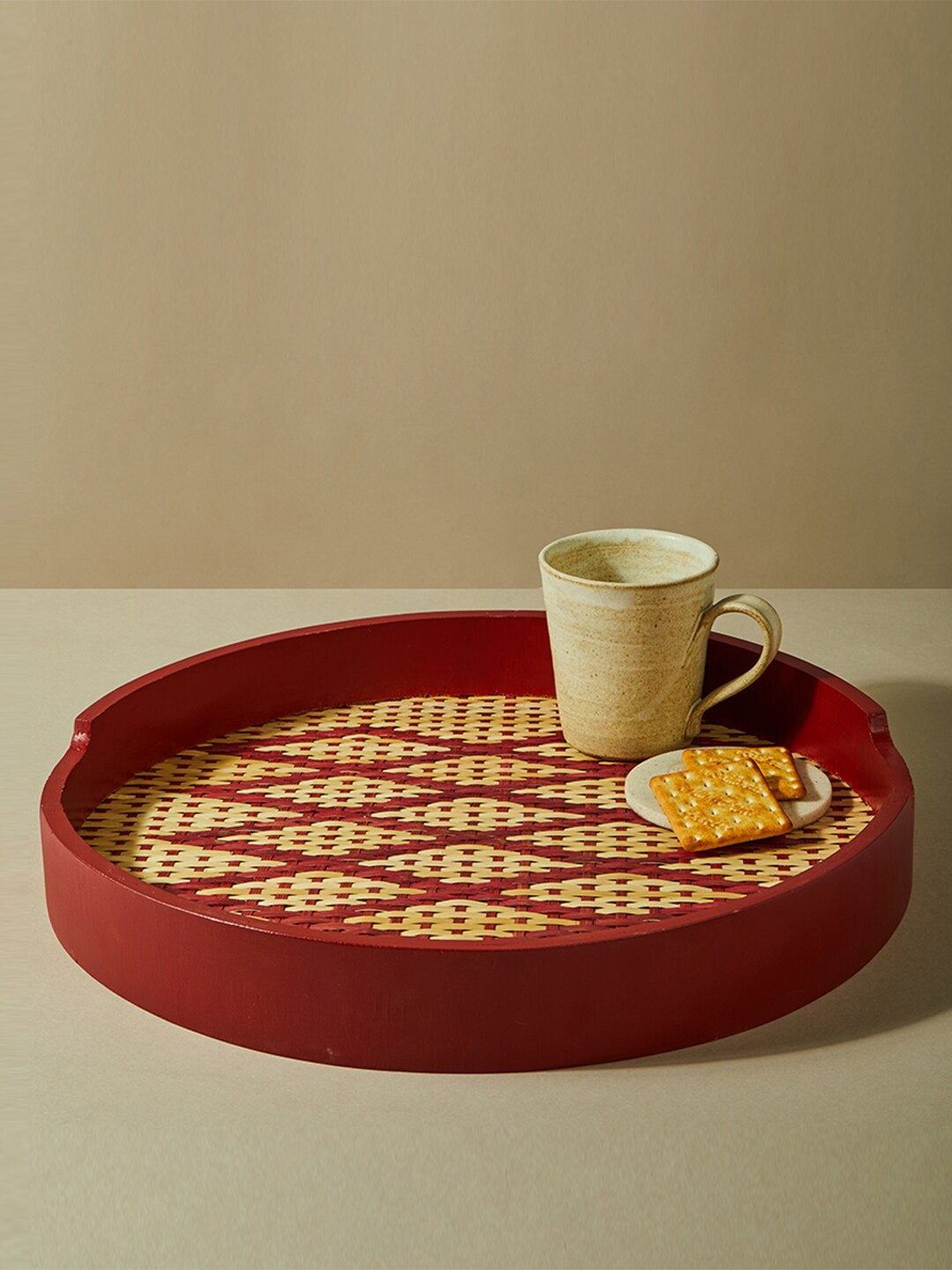 

Fabindia Red Printed Round Cane Tray