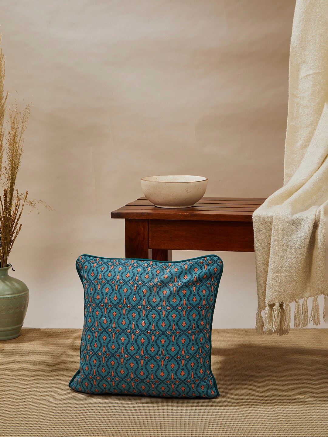 

Fabindia Teal & Orange Ethnic Motifs Square Cushion Cover