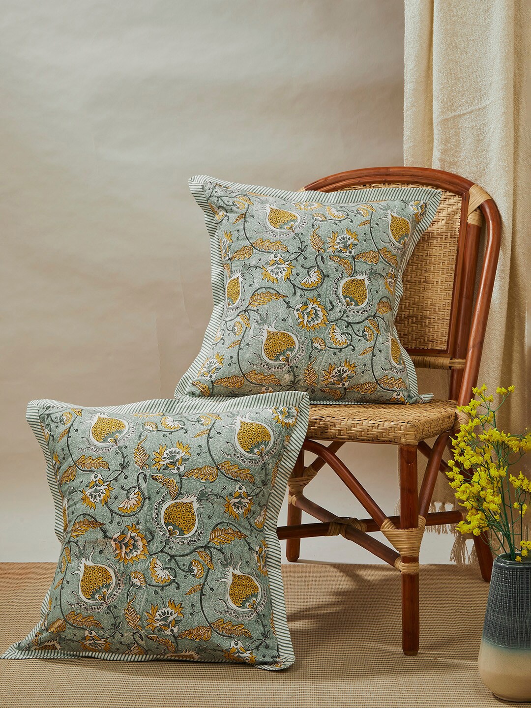 

Fabindia Green & Yellow Floral Square Cotton Cushion Covers