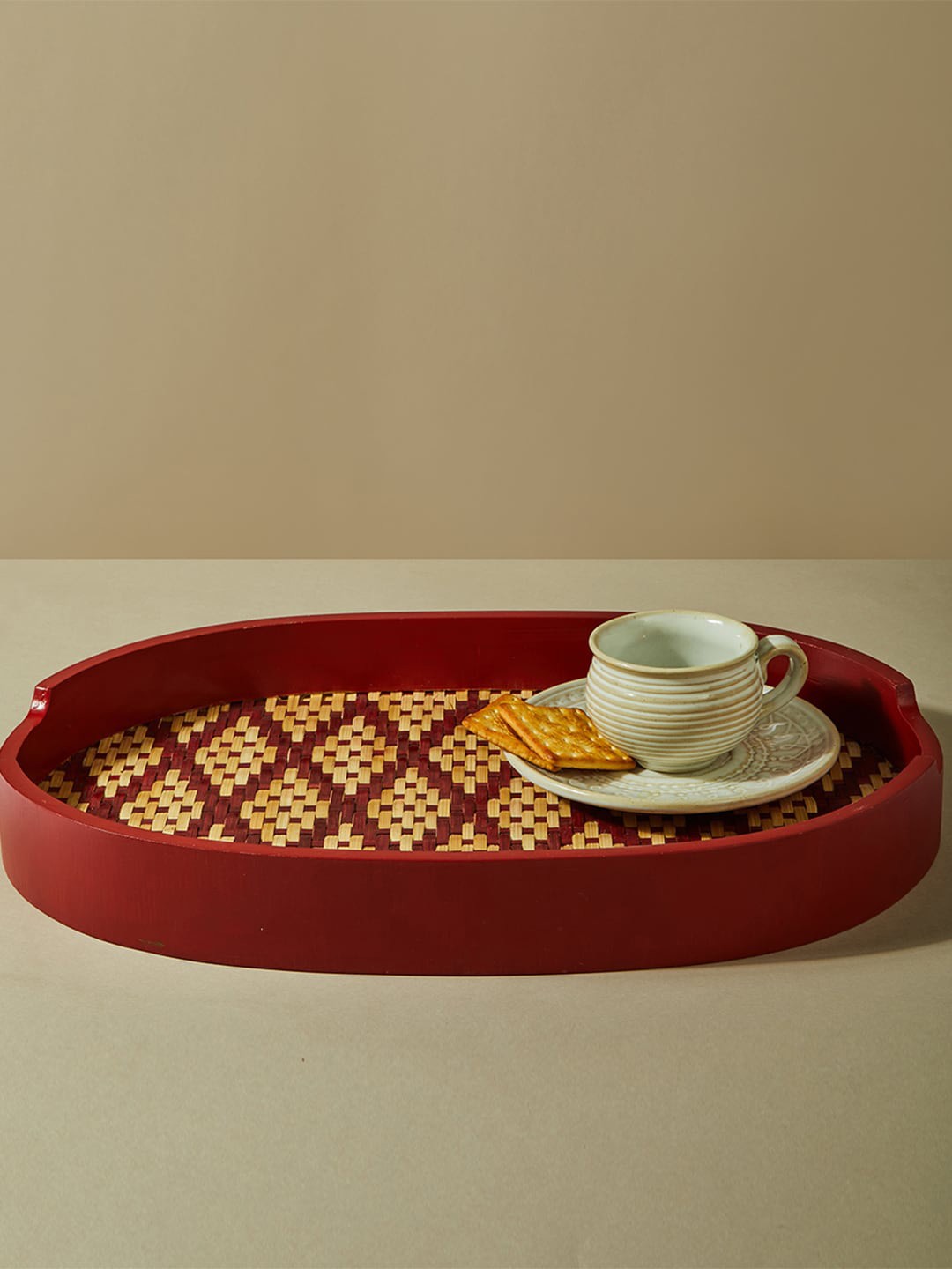 

Fabindia Red & Beige Printed Oval Serving Tray