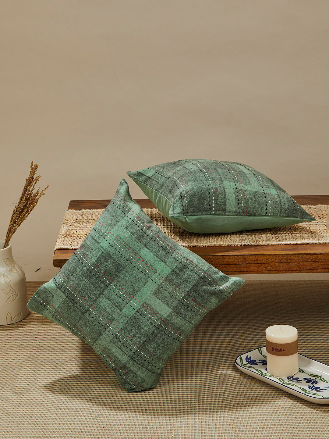 

Fabindia Green Embroidered Square Cushion Covers