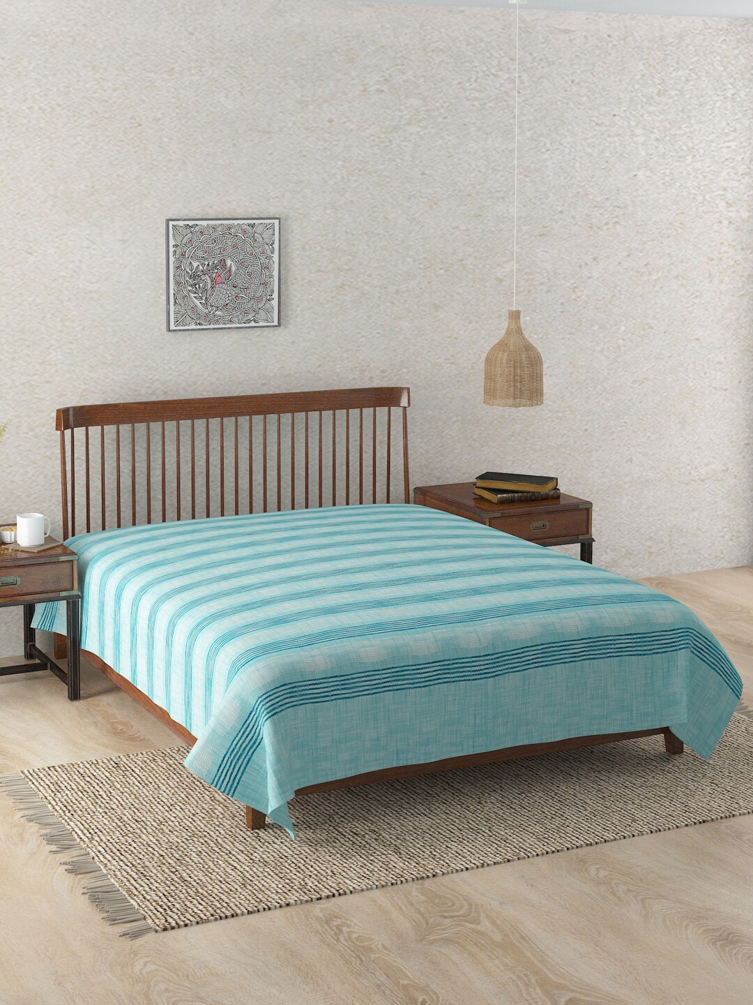 

Fabindia Turquoise Blue Striped Single Bed Cover