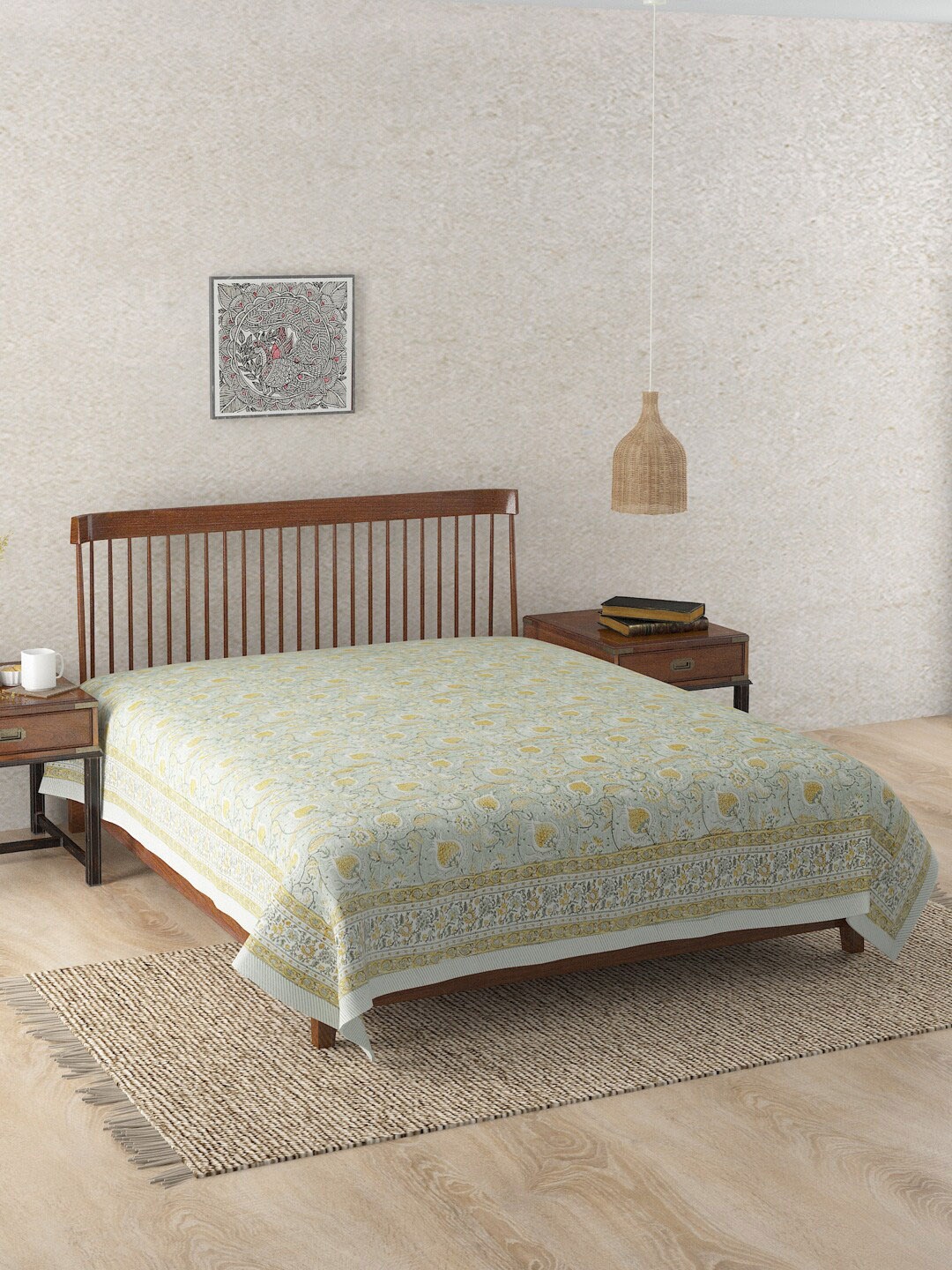 

Fabindia Green & Grey Printed Single Cotton Bed Cover